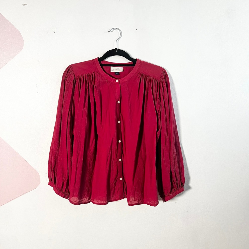 100% Cotton Button Shirt Womens Large Red Balloon Sleeve Boho Prairie